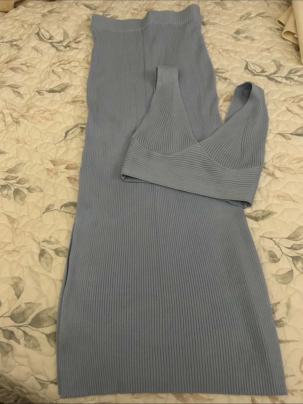 Ribbed Knit Blue Bodycon Skirt with Matching Top